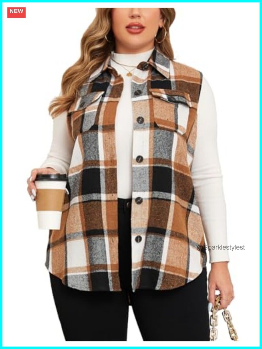 Plus Size Plaid Long Vest Button Down Sleeveless Shacket Coat